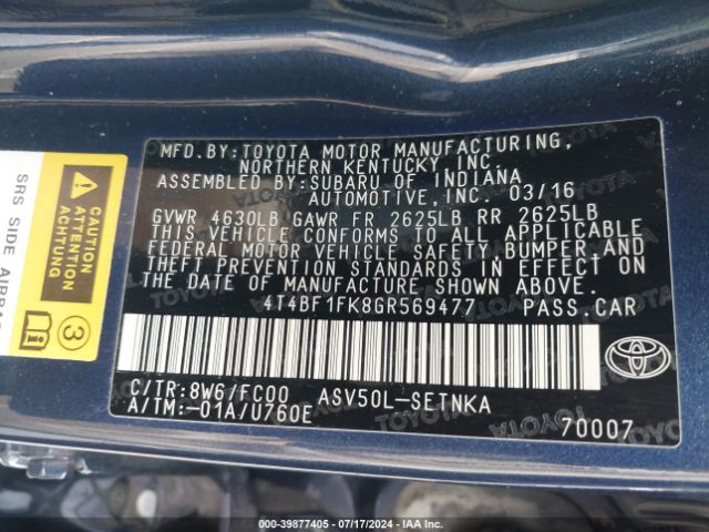 4T4BF1FK8GR569477 Toyota CAMRY LE