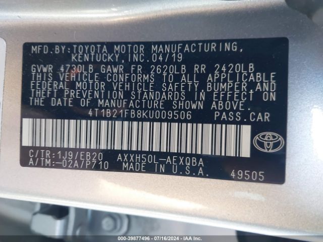 4T1B21FB8KU009506 Toyota Avalon Hybrid Xse