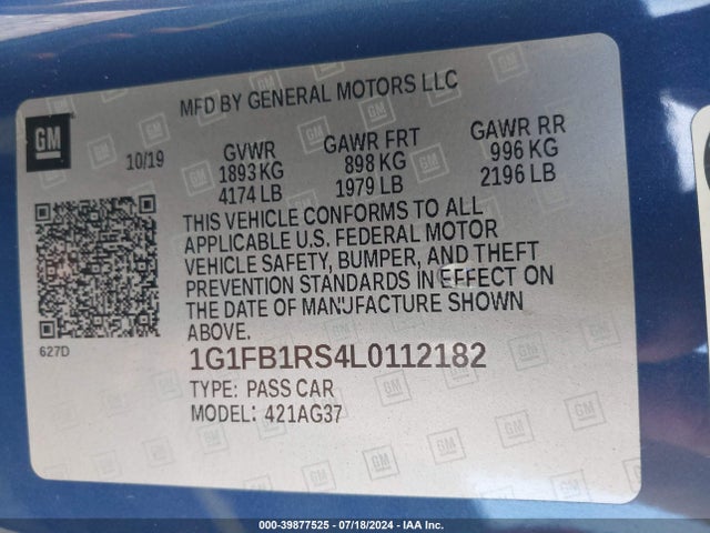 Chevrolet Camaro Rwd  1lt 2020 1G1FB1RS4L0112182 Image 9