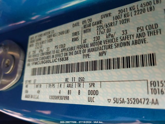 1FMCU9G60LUC15838 Ford ESCAPE SE