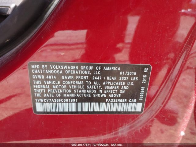 1VWCV7A36FC061891 Volkswagen Passat 2.0l Tdi Sel Premium