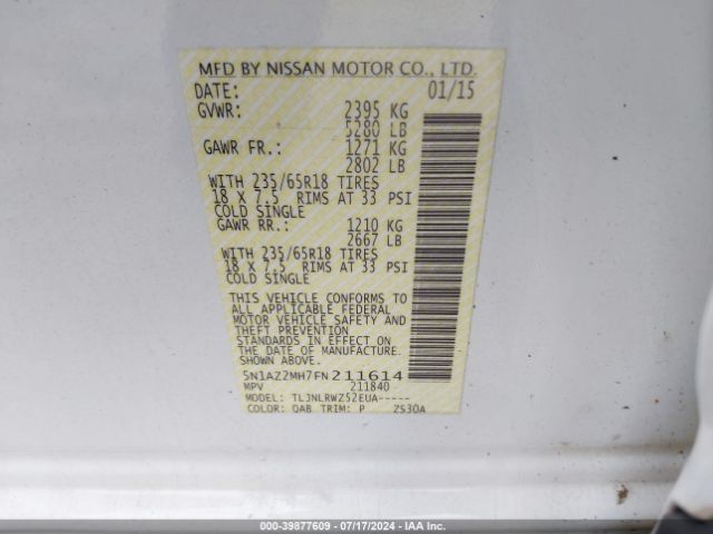 5N1AZ2MH7FN211614 Nissan MURANO SL
