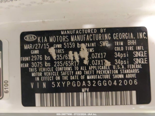 KIA Sorento 2.4l Lx 2016 5XYPGDA32GG042006 Image 9