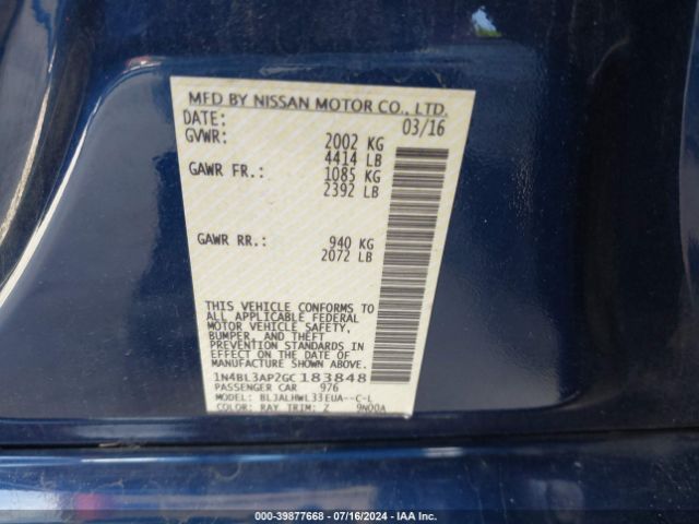 1N4BL3AP2GC183848 Nissan Altima 3.5 Sr