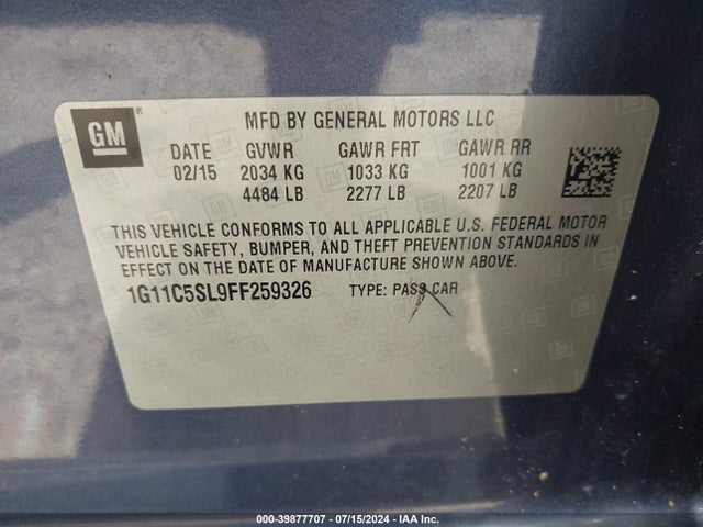 Chevrolet MALIBU 1LT 2015 1G11C5SL9FF259326 Image 9