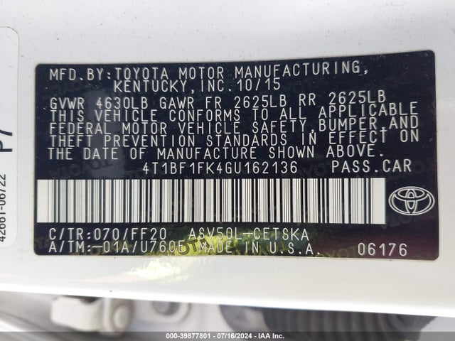 Toyota CAMRY SE 2016 4T1BF1FK4GU162136 Image 9