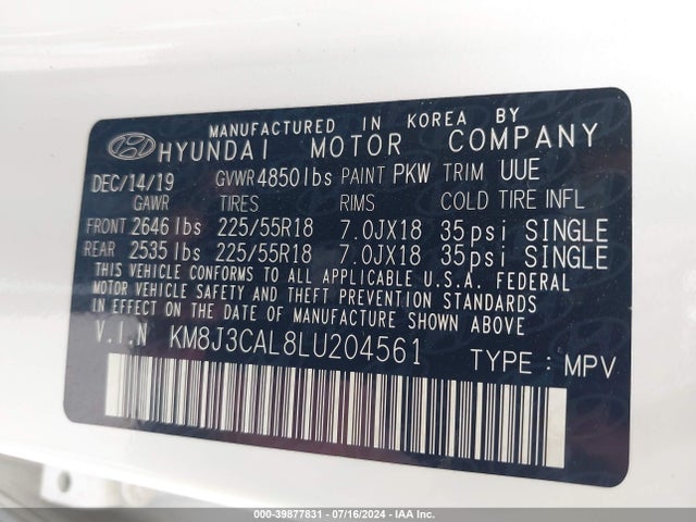 Hyundai TUCSON SEL 2020 KM8J3CAL8LU204561 Image 9