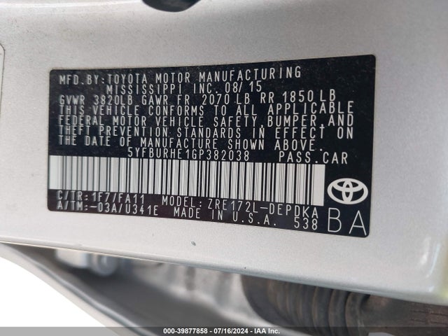 Toyota COROLLA L 2016 5YFBURHE1GP382038 Image 9