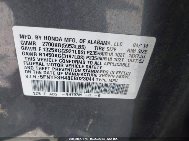 Honda Pilot Ex 2014 5FNYF3H48EB023044 Image 9