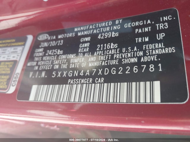 39877877 :رقم المزاد ، 5XXGN4A7XDG226781 vin ، 2013 Kia Optima Ex مزاد بيع