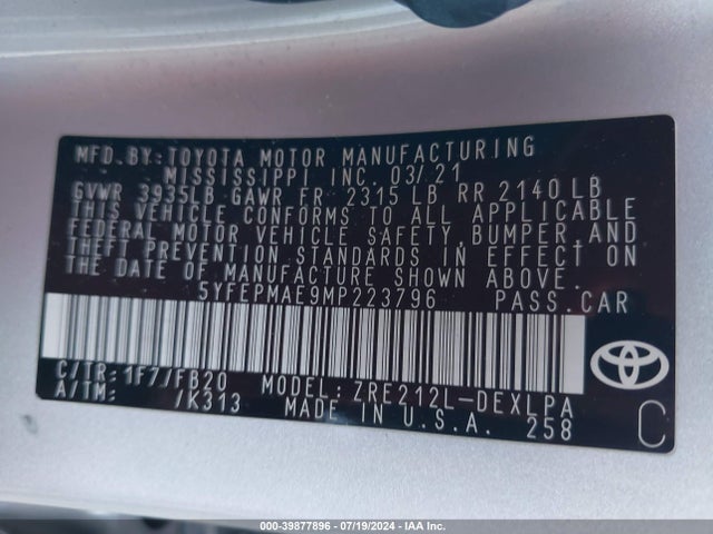 Toyota COROLLA LE 2021 5YFEPMAE9MP223796 Image 9