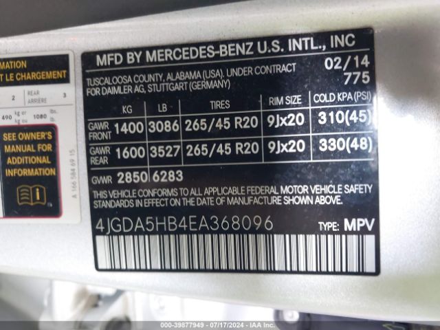 4JGDA5HB4EA368096 Mercedes-Benz Ml 350 4matic