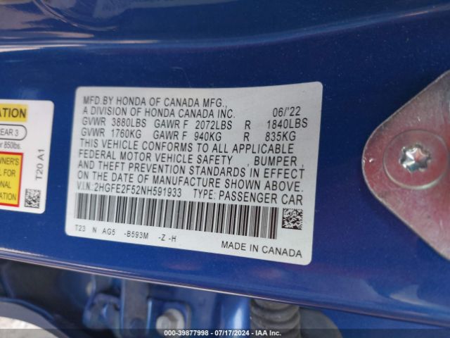 2HGFE2F52NH591933 Honda Civic Sport