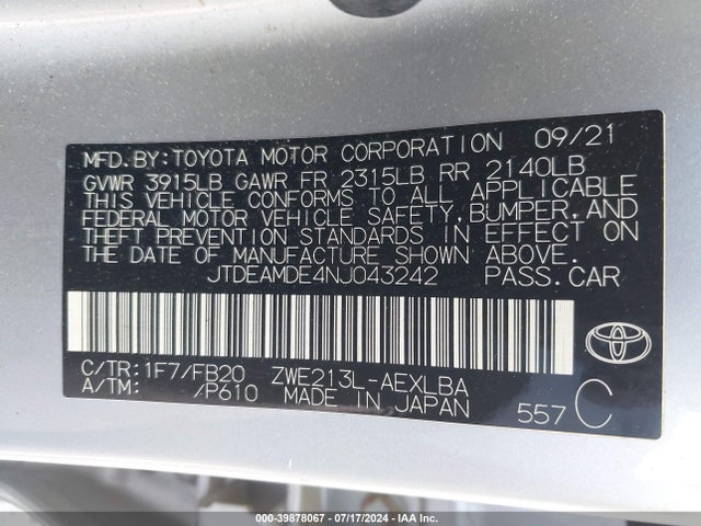 Toyota COROLLA LE 2022 JTDEAMDE4NJ043242 Image 9