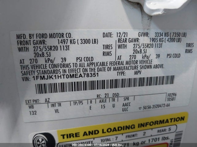 Ford Expedition Xlt Max 2021 1FMJK1HT0MEA78351 Image 9