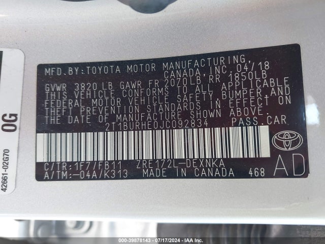 Toyota COROLLA LE 2018 2T1BURHE0JC092834 Image 9