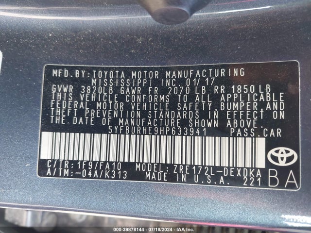 Toyota COROLLA L 2017 5YFBURHE9HP633941 Image 9