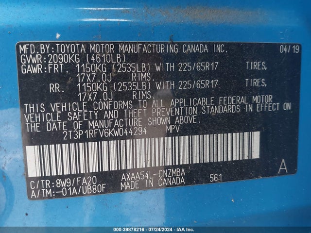Toyota Rav4 Xle 2019 2T3P1RFV6KW044294 Image 9