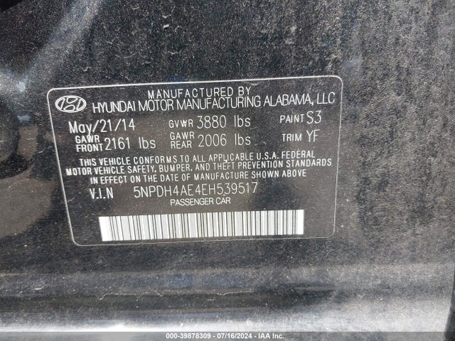 Hyundai Elantra Limited 2014 5NPDH4AE4EH539517 Image 9