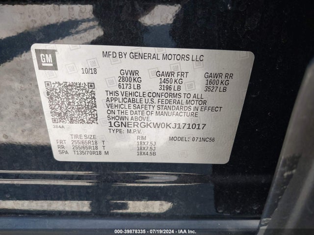 Chevrolet Traverse 1lt 2019 1GNERGKW0KJ171017 Image 9