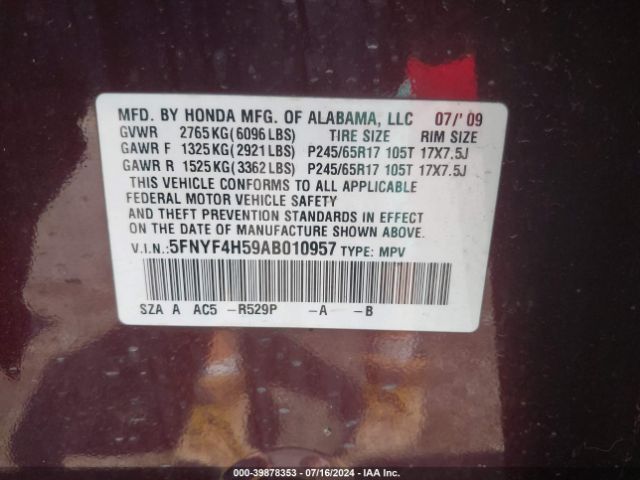 2010 HONDA PILOT 5FNYF4H59AB010957 Photo 8