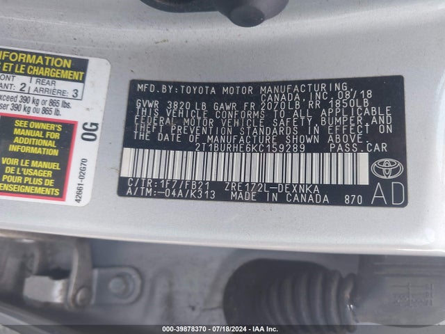 Toyota COROLLA LE 2019 2T1BURHE6KC159289 Image 9