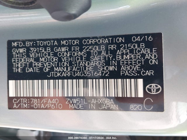 Toyota Prius Three 2016 JTDKARFU4G3516472 Image 9