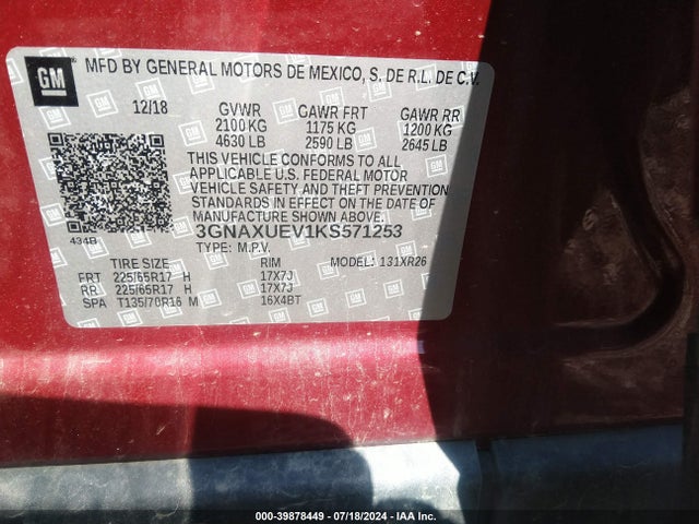 Chevrolet EQUINOX LT 2019 3GNAXUEV1KS571253 Image 9
