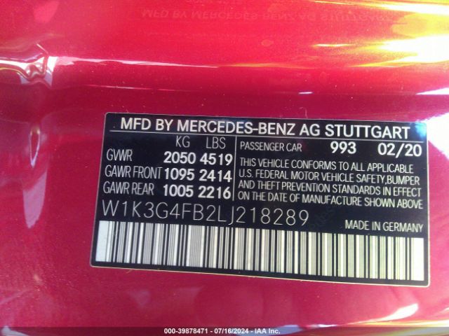 W1K3G4FB2LJ218289 Mercedes-Benz A 220 4matic