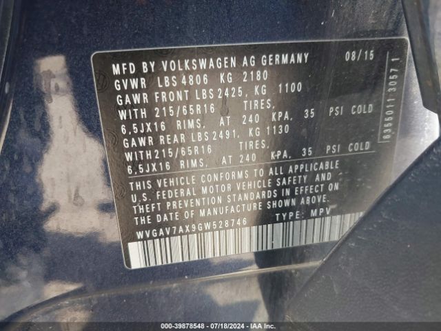 WVGAV7AX9GW528746 Volkswagen TIGUAN S