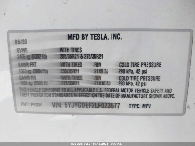 5YJYGDEF2LF023577 Tesla Model Y Long Range Dual Motor All-wheel Drive/performance Dual Motor All-wheel Drive