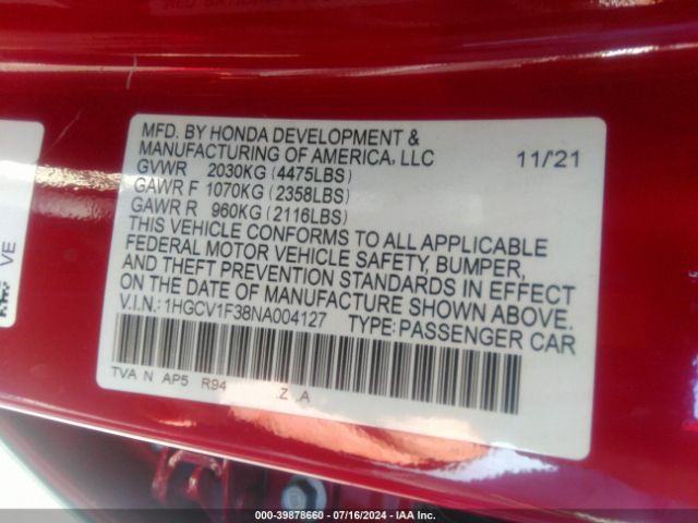 1HGCV1F38NA004127 Honda Accord Sport