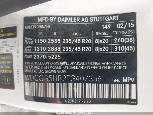 WDCGG5HB2FG407356 Mercedes-Benz GLK 350