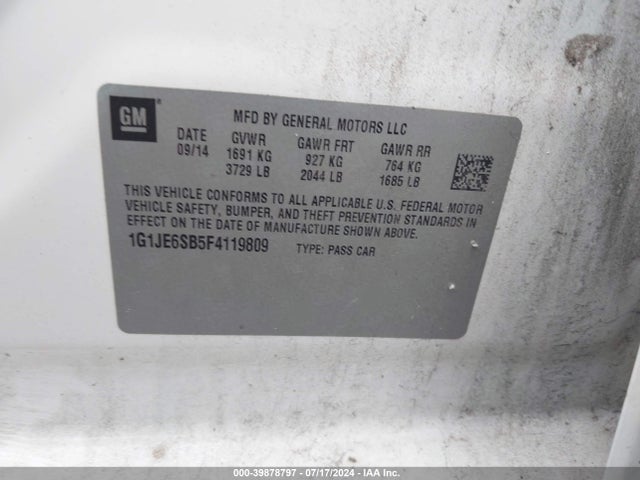 Chevrolet Sonic Ltz Auto 2015 1G1JE6SB5F4119809 Image 9