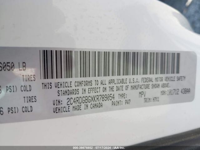 2C4RDGBGXKR789054 Dodge Grand Caravan Se