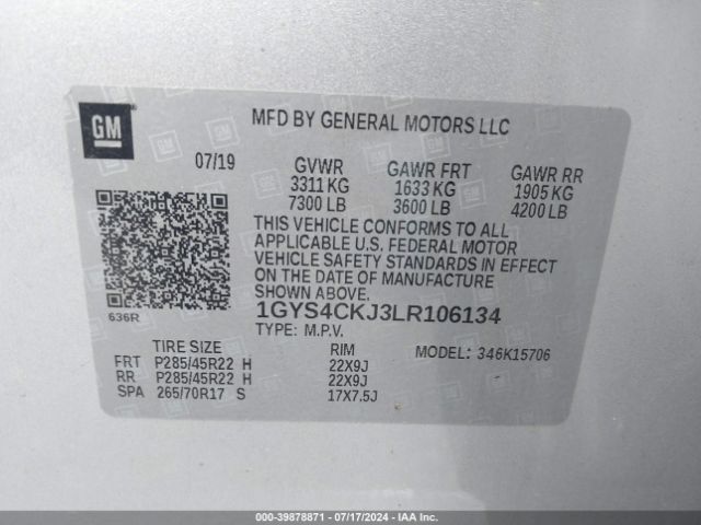 1GYS4CKJ3LR106134 Cadillac Escalade 4wd Premium Luxury