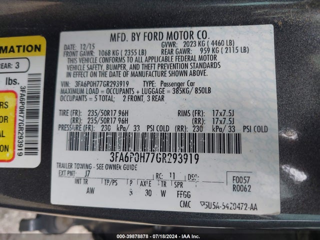 Ford FUSION SE 2016 3FA6P0H77GR293919 Image 9