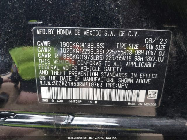 3CZRZ1H58RM719763 Honda Hr-v 2wd Sport/2wd Sport W/o Bsi