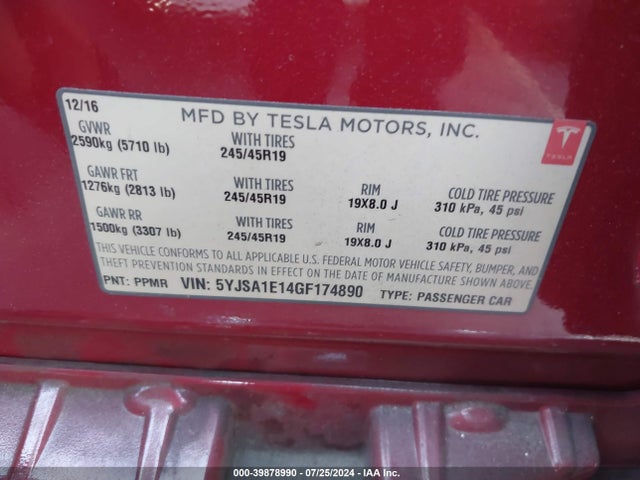 Tesla Model S 60/70/75/85 2016 5YJSA1E14GF174890 Image 9