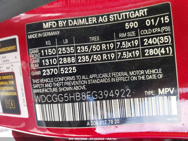 WDCGG5HB8FG394922 Mercedes-Benz GLK 350