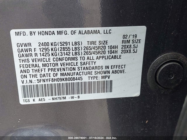 Honda Passport Elite 2019 5FNYF8H09KB008445 Image 9
