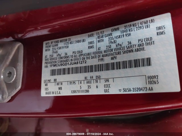 Ford ESCAPE SE 2018 1FMCU9GD1JUA81272 Image 9