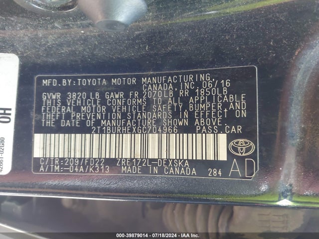 Toyota Corolla S Plus 2016 2T1BURHEXGC704966 Image 9