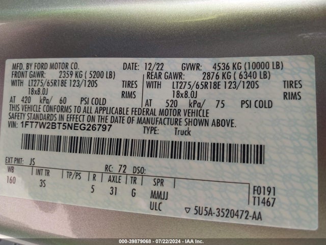 Ford F-250 Xlt 2022 1FT7W2BT5NEG26797 Image 9