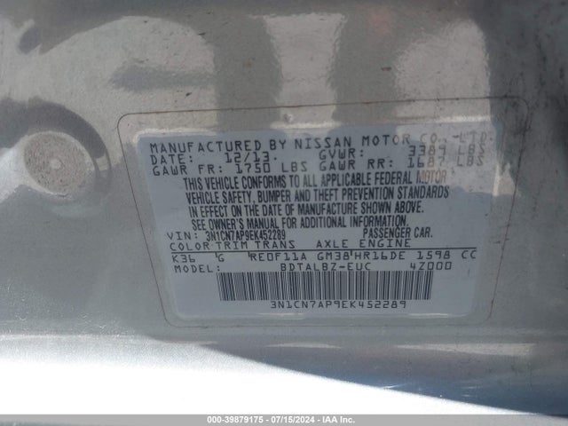 Nissan Versa 1.6 Sv 2014 3N1CN7AP9EK452289 Image 9