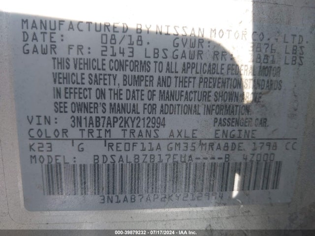 Nissan SENTRA S 2019 3N1AB7AP2KY212994 Image 9