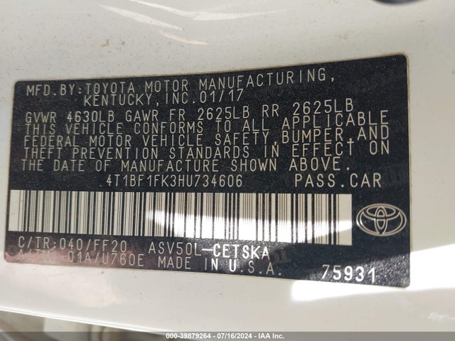 Toyota CAMRY SE 2017 4T1BF1FK3HU734606 Image 9