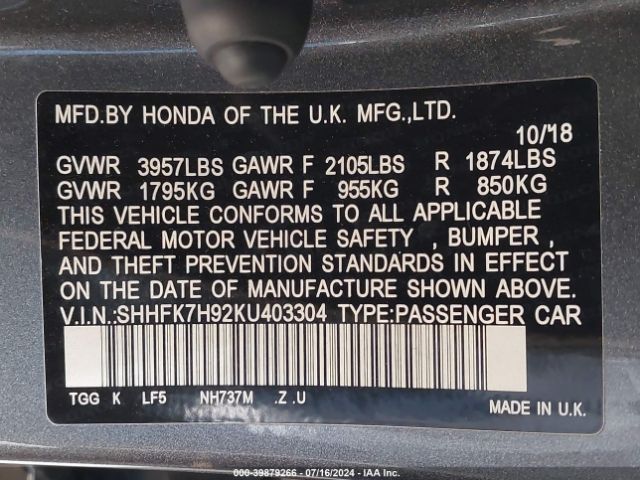 SHHFK7H92KU403304 Honda Civic Sport Touring