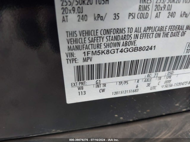 Ford EXPLORER SPORT 2016 1FM5K8GT4GGB80241 Image 9