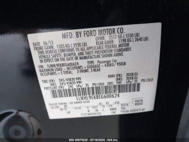 1LNHL9EK8EG600624 Lincoln MKS